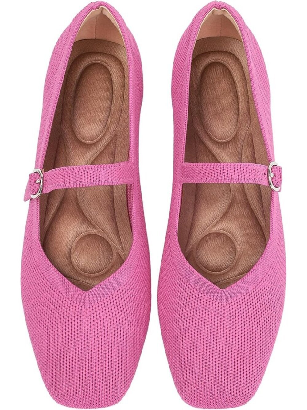 Women's Pink Knit Flats Square Toe Casual Ballet Flat Ankle Strap Shoes